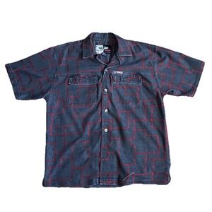 Veezo Wear Mens Denim Patchwork Style Shirt Black  w Red Stitching MenSize Large